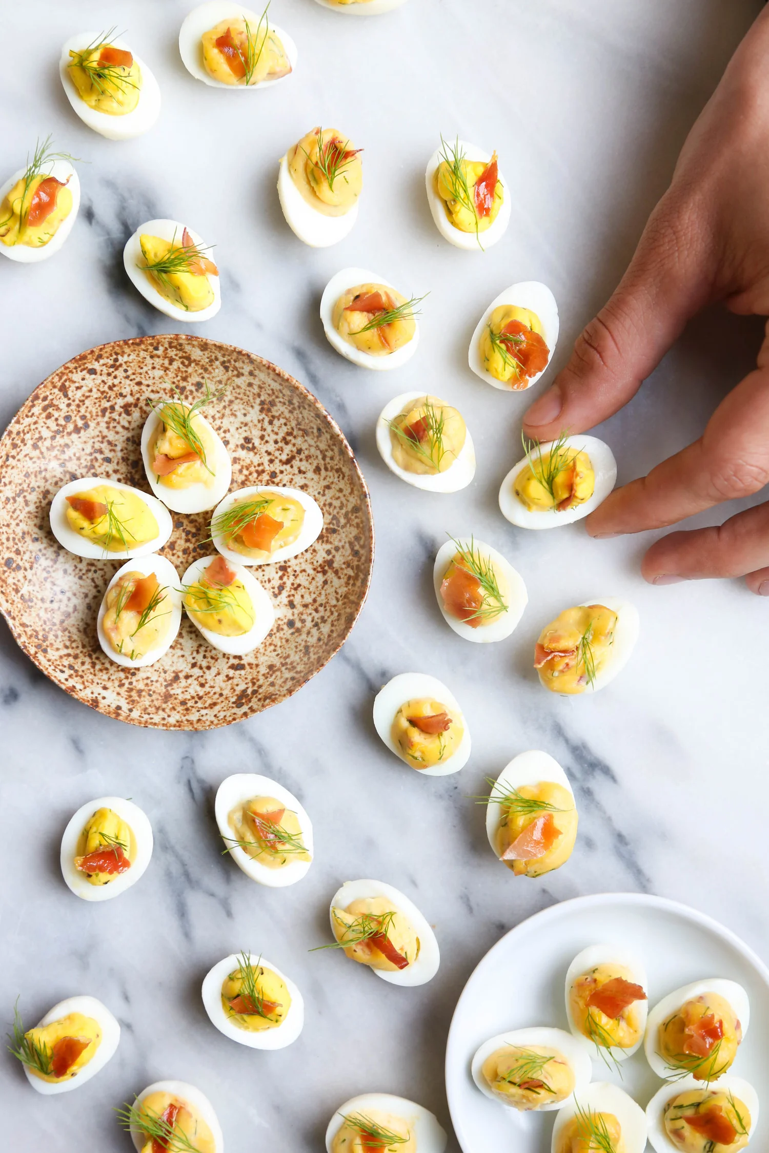 Deviled Quail Eggs with Dill and Crispy Prosciutto