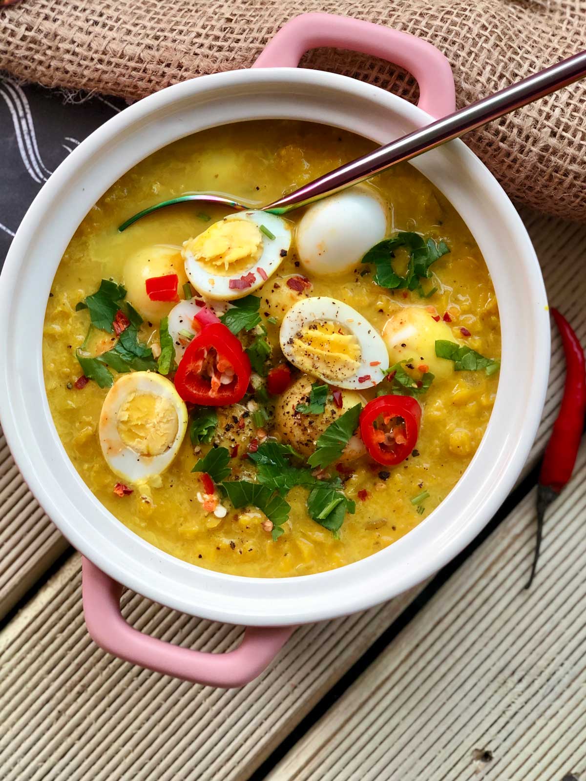 Red Lentil Dhal With Coconut Milk And Quail Eggs