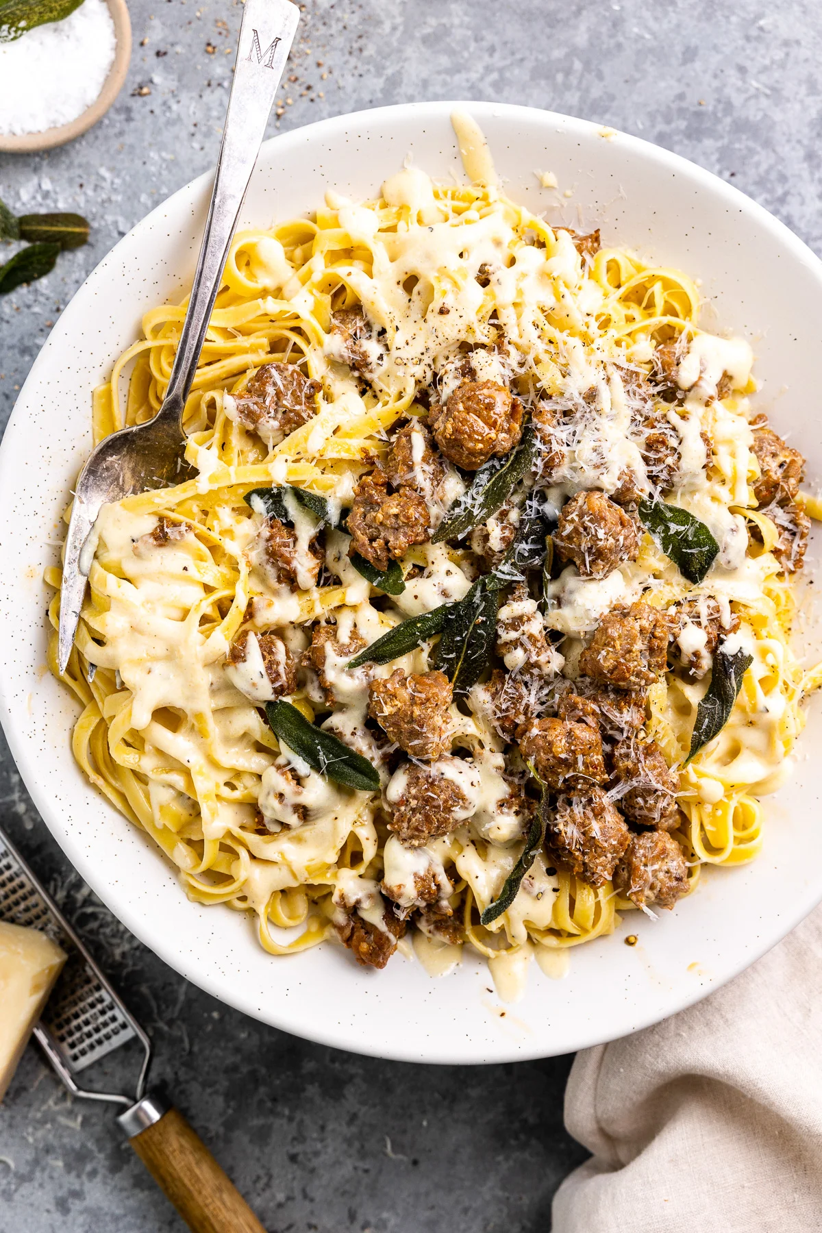 Sausage Alfredo Pasta with Fried Sage